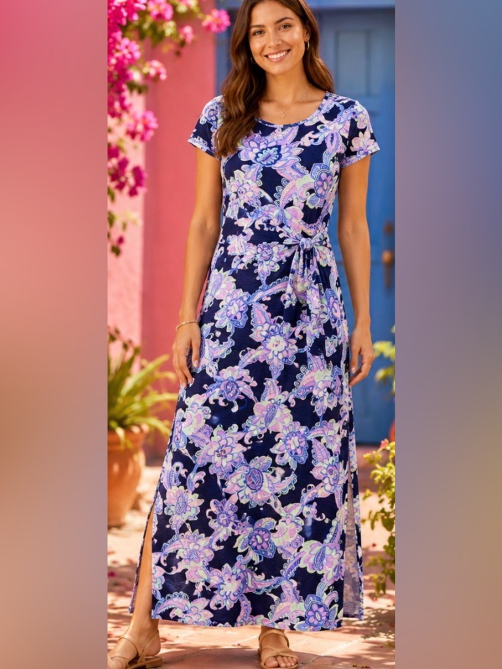 Talbots Pastel Paisley Maxi Dress | 100% Cotton | Side Tie Waist | Size Medium